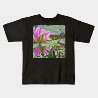 Contemplation - water lily and frog pond painting Kids T-Shirt